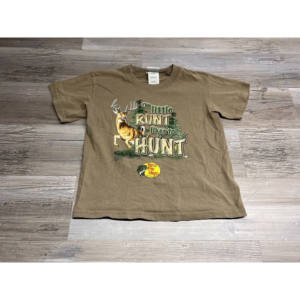 Kids XS‎ Bass Pro Shops Hunting T-Shirt Little Runt Likes To Hunt Beige